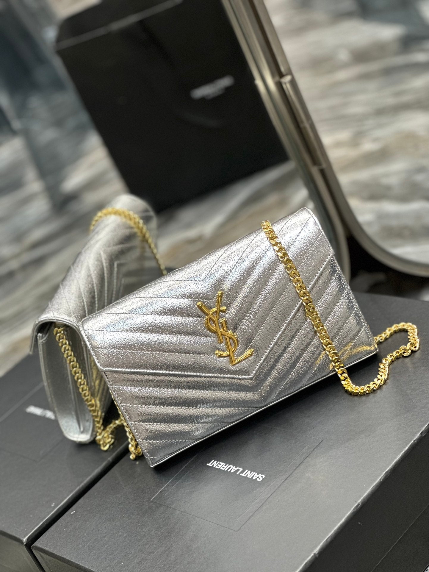 Saint Laurent Monogram Matelassé Leather Chain Wallet - Silver/Gold