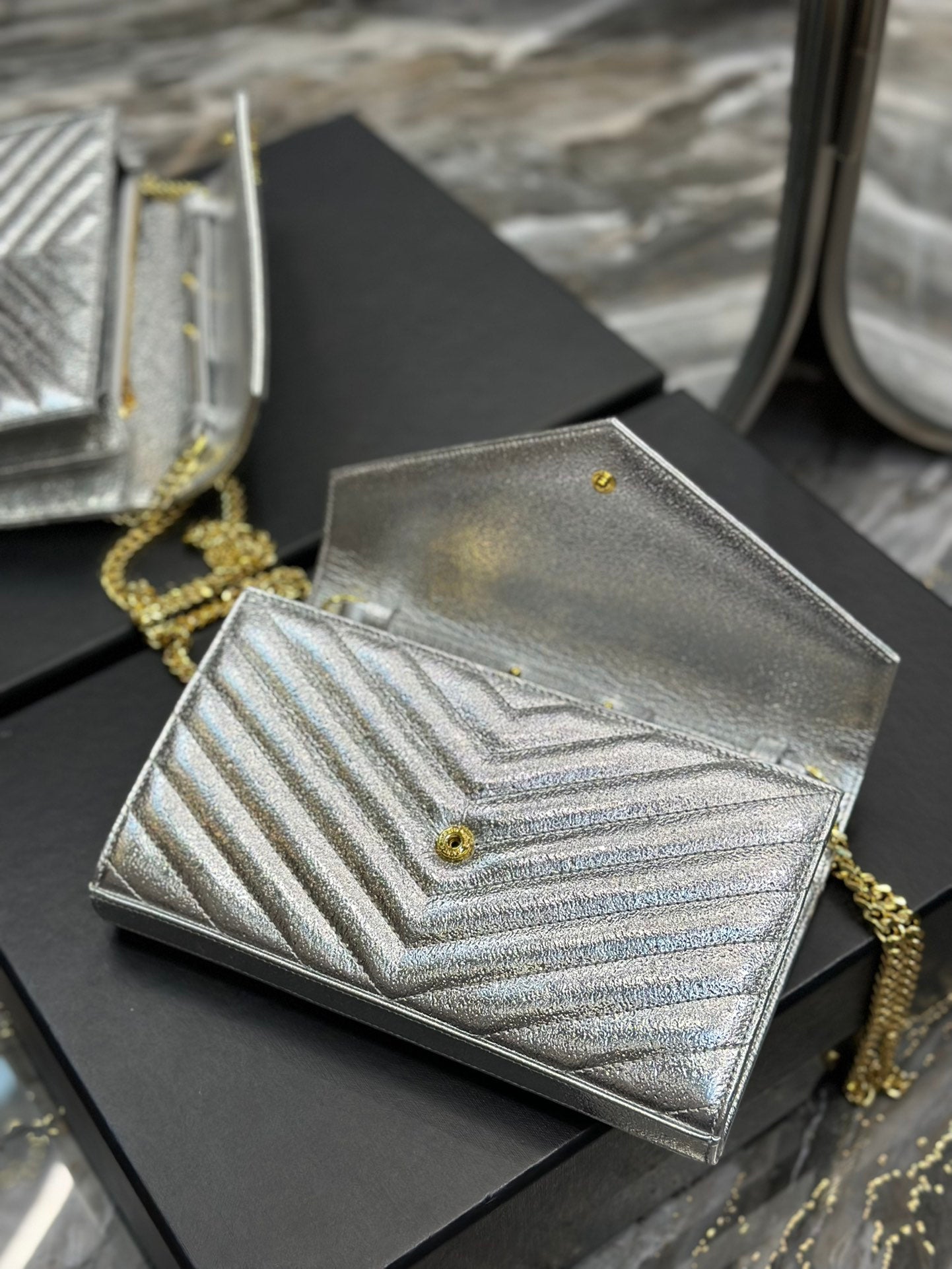 Saint Laurent Monogram Matelassé Leather Chain Wallet - Silver/Gold