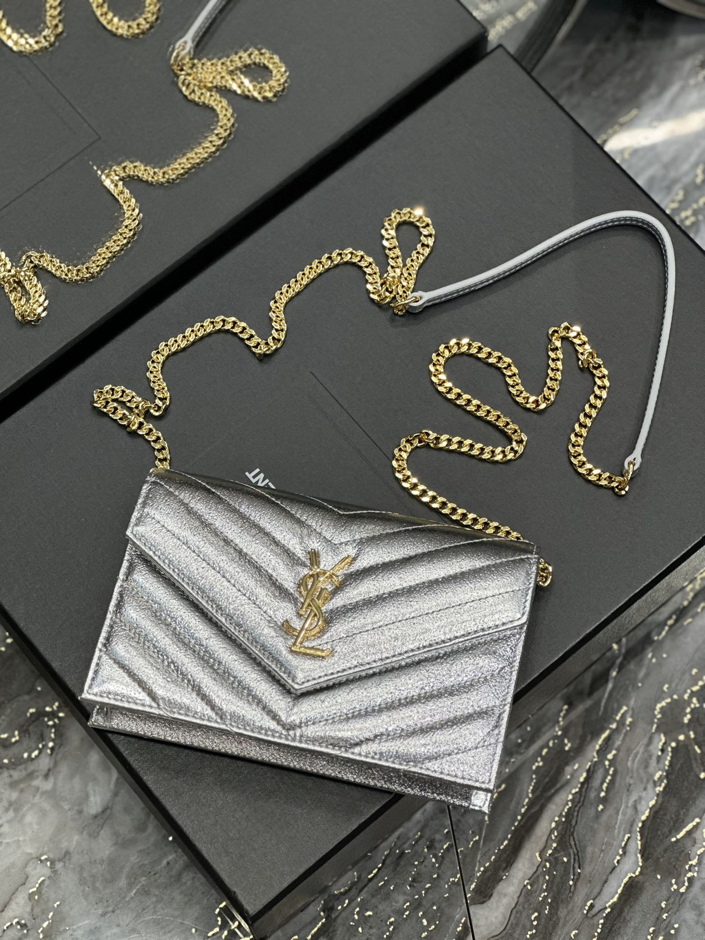 Saint Laurent Monogram Silver Quilted Leather Wallet on Chain with Gold Hardware