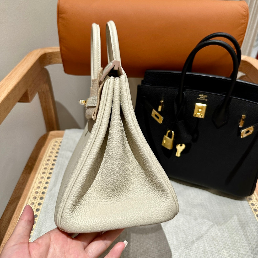 Luxury Genuine Leather Top-Handle Tote Bag - Elegant Birkin-Style Handbag in White and Black