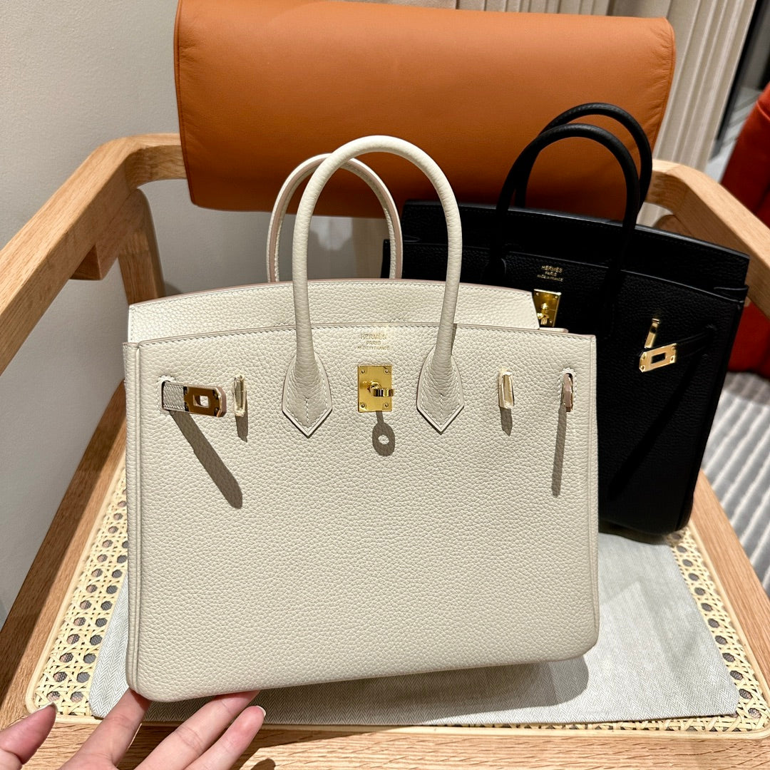 Luxury Genuine Leather Top-Handle Tote Bag - Elegant Birkin-Style Handbag in White and Black