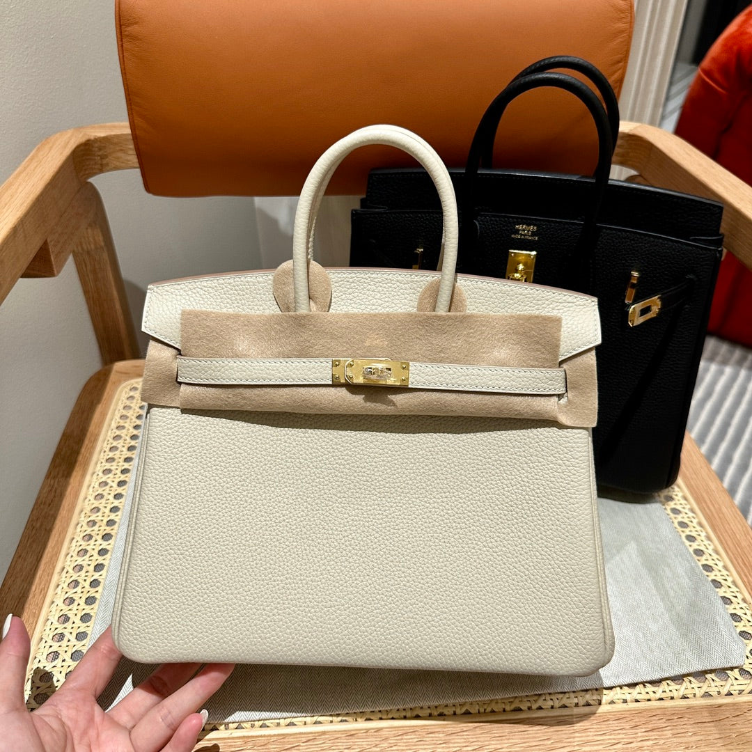 Luxury Genuine Leather Top-Handle Tote Bag - Elegant Birkin-Style Handbag in White and Black