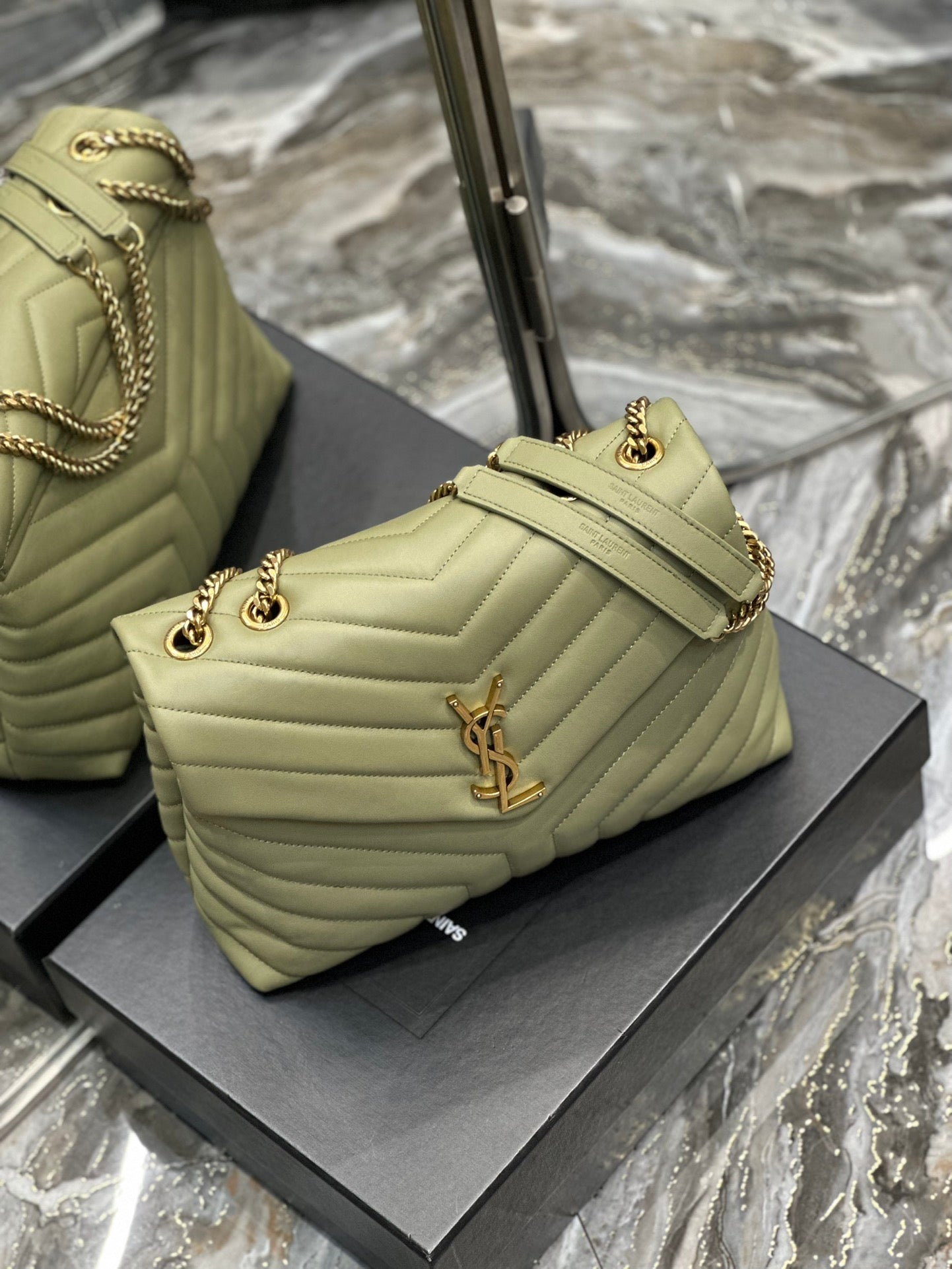 Saint Laurent Medium College Bag in Sage Green Chevron Quilted Leather