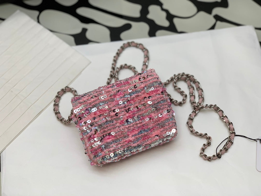 Pink Sequin Mini Crossbody Shoulder Bag with Silver-Tone Chain Strap