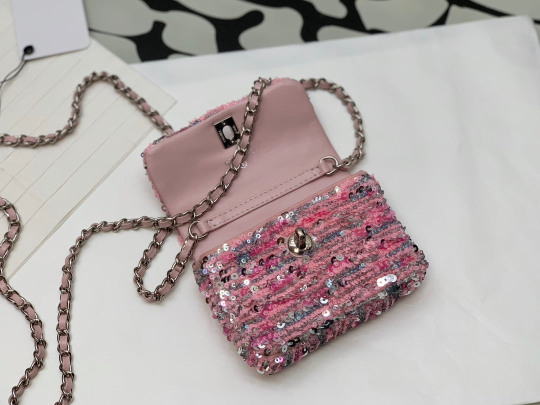 Pink Sequin Mini Crossbody Shoulder Bag with Silver-Tone Chain Strap