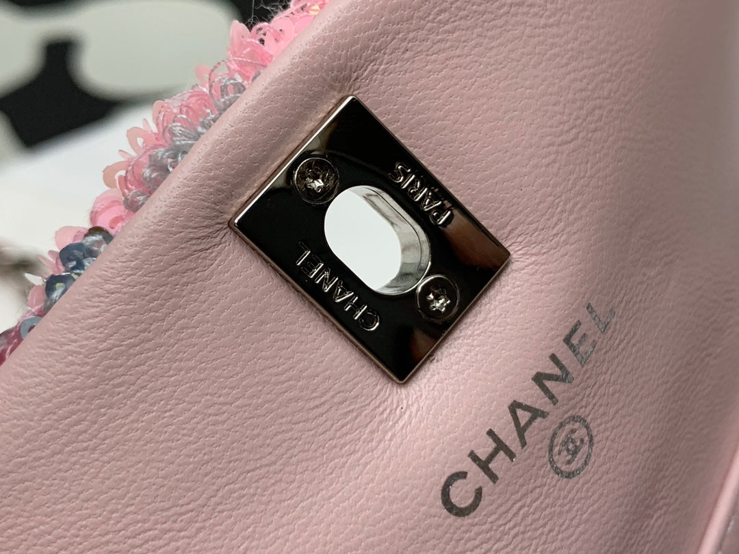 Pink Sequin Mini Crossbody Shoulder Bag with Silver-Tone Chain Strap