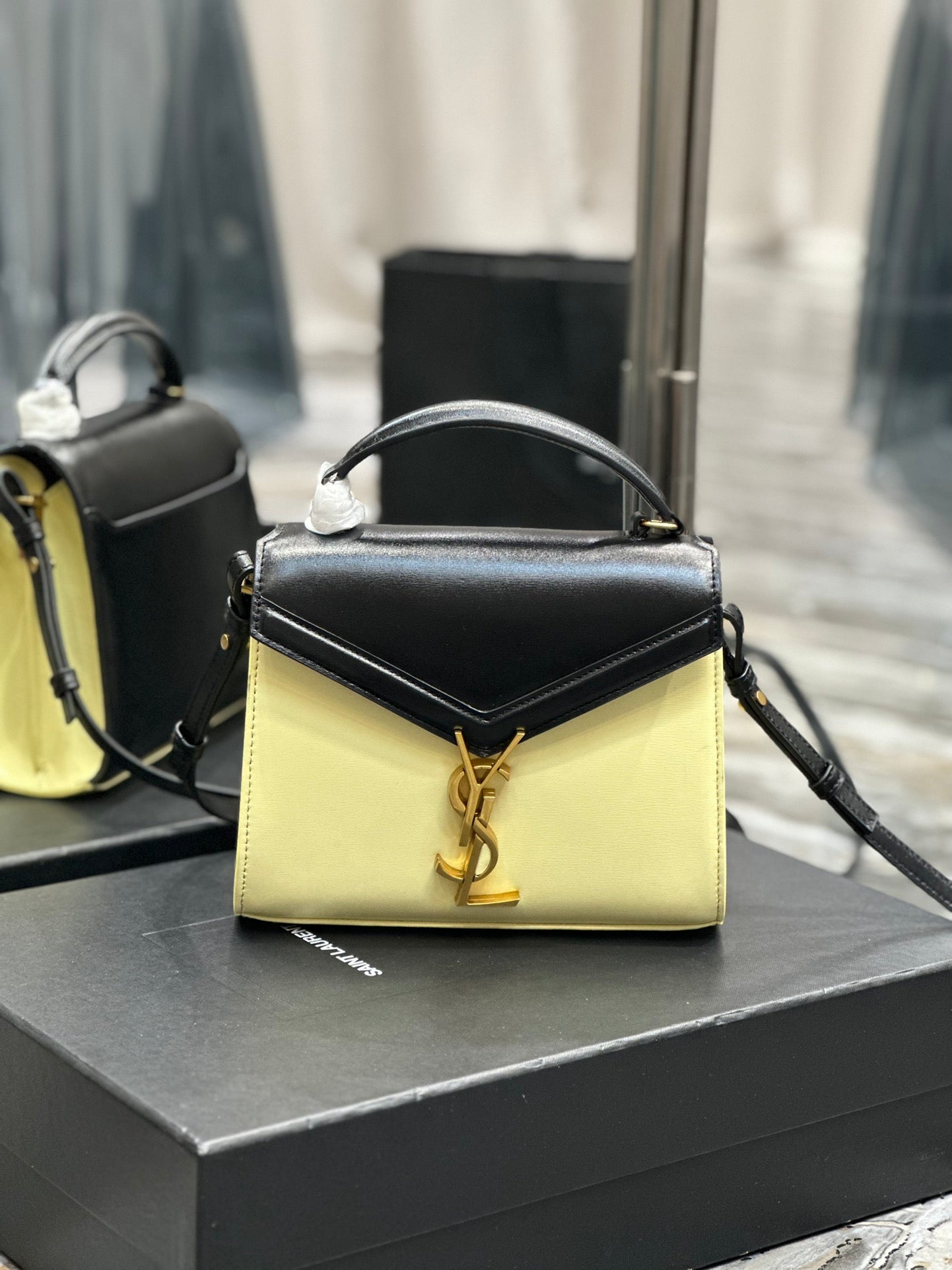 Saint Laurent Cassandra Mini Two-Tone Top Handle Bag - Black/Cream