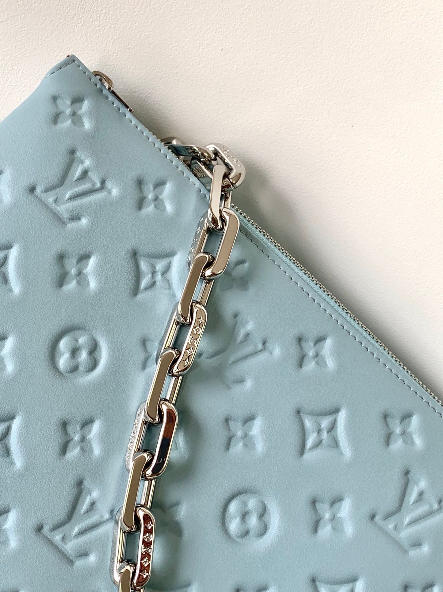 Louis Vuitton Light Blue Embossed Monogram Fanny Pack Crossbody Bag with Chain