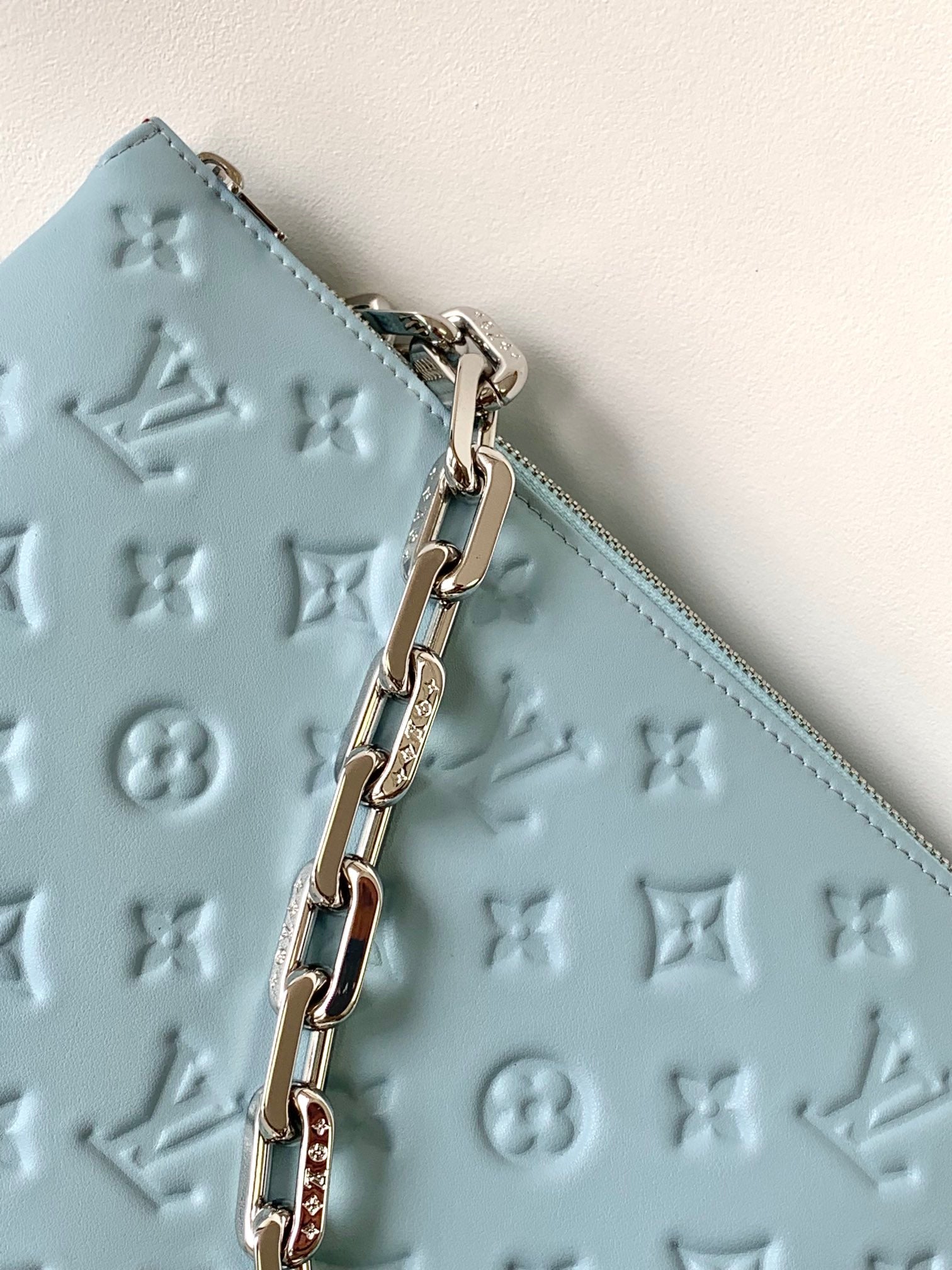 Louis Vuitton Light Blue Embossed Monogram Fanny Pack Crossbody Bag with Chain