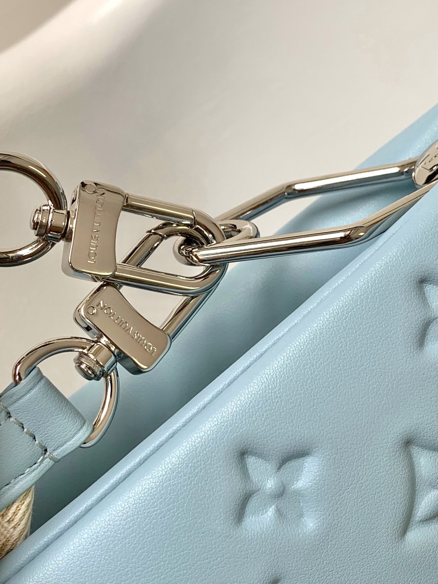 Louis Vuitton Light Blue Embossed Monogram Fanny Pack Crossbody Bag with Chain