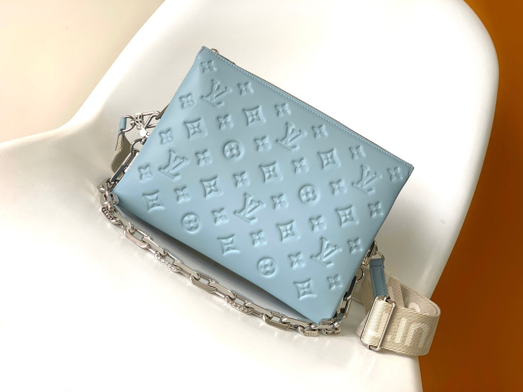 Louis Vuitton Light Blue Embossed Monogram Fanny Pack Crossbody Bag with Chain