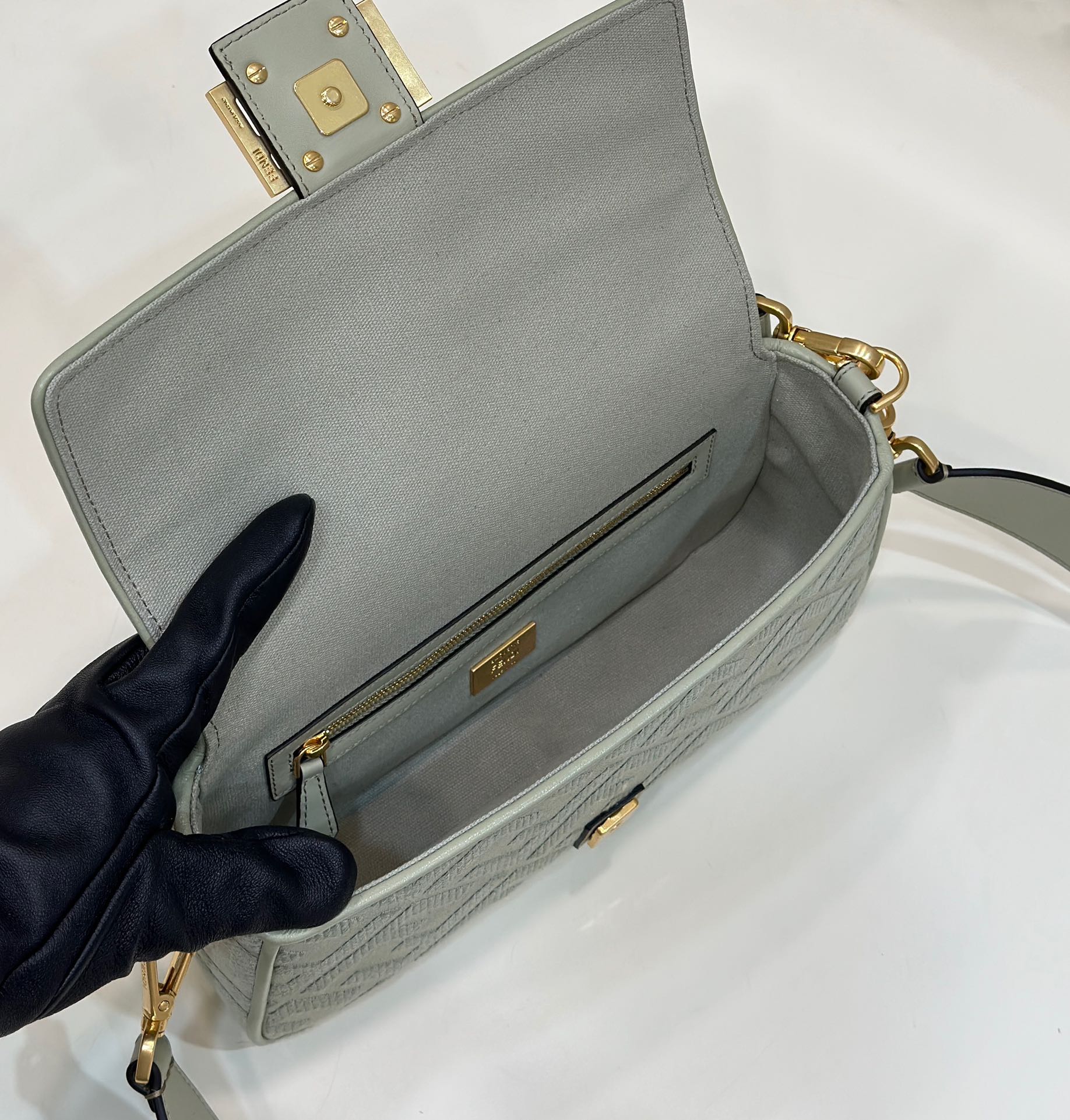 Fendi Baguette FF Embossed Fabric Shoulder Bag - Sage Green