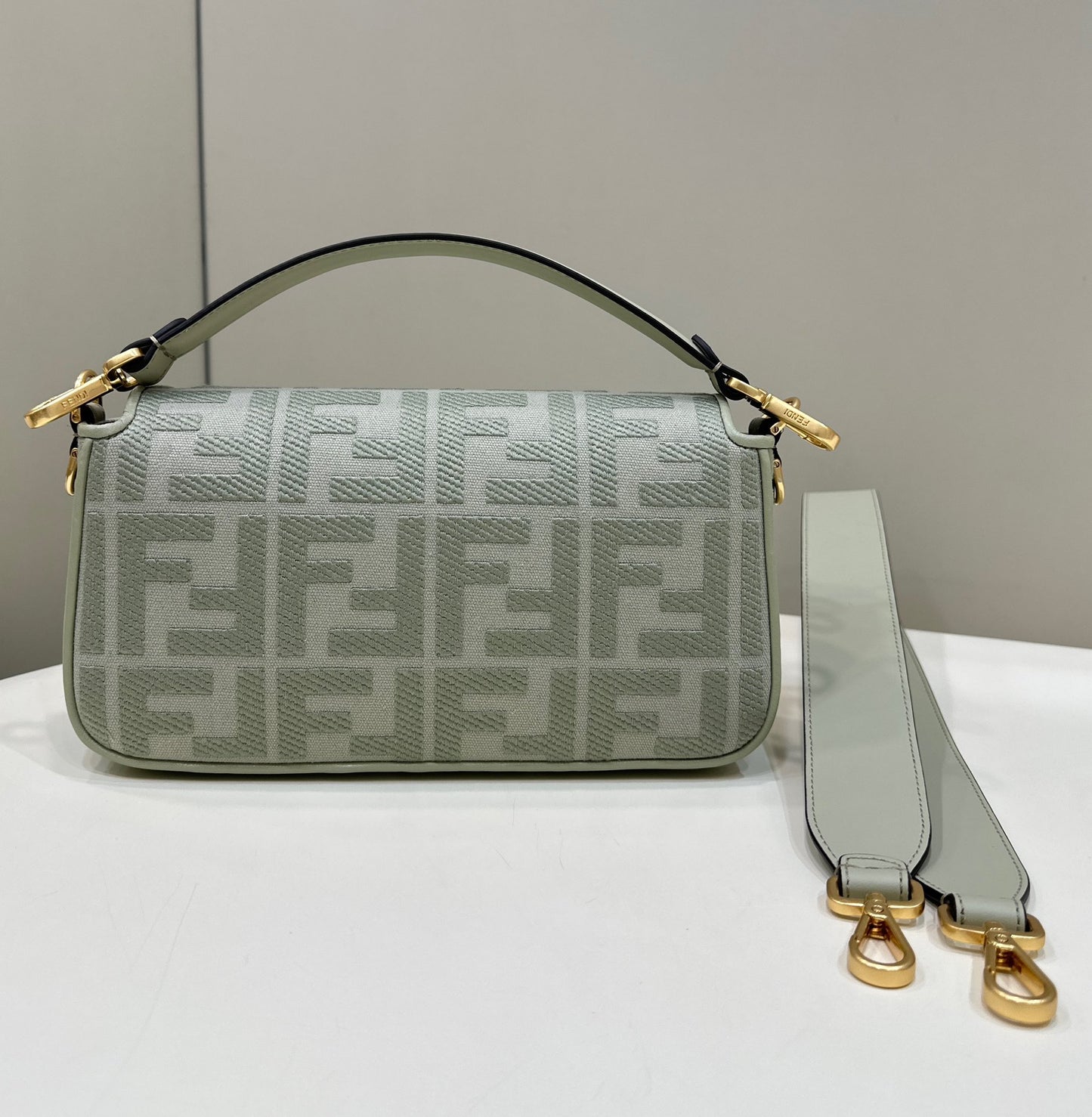 Fendi Baguette FF Embossed Fabric Shoulder Bag - Sage Green