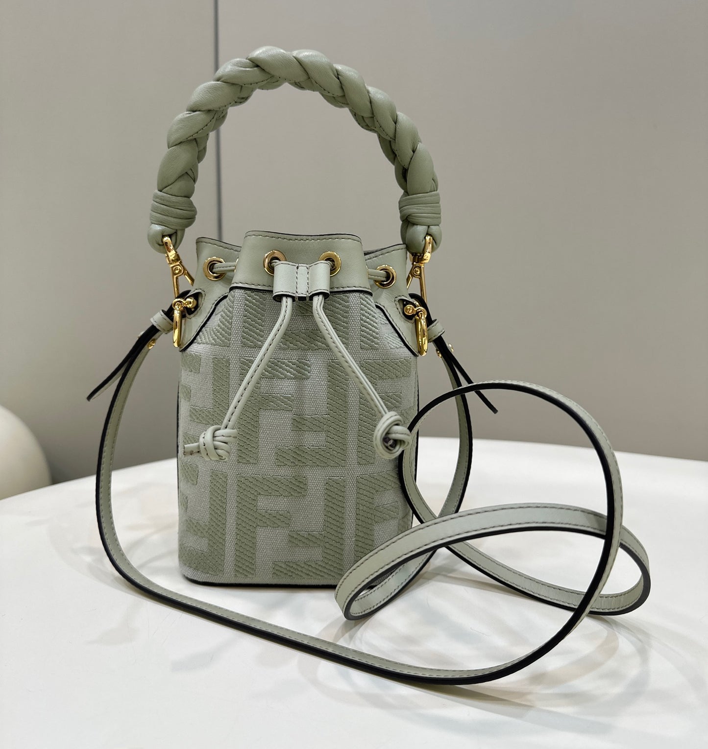 Fendi Mon Tresor Mini Bucket Bag in Mint Green Leather with Braided Handle