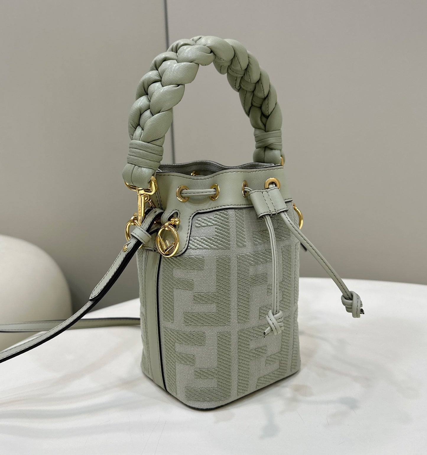 Fendi Mon Tresor Mini Bucket Bag in Mint Green Leather with Braided Handle