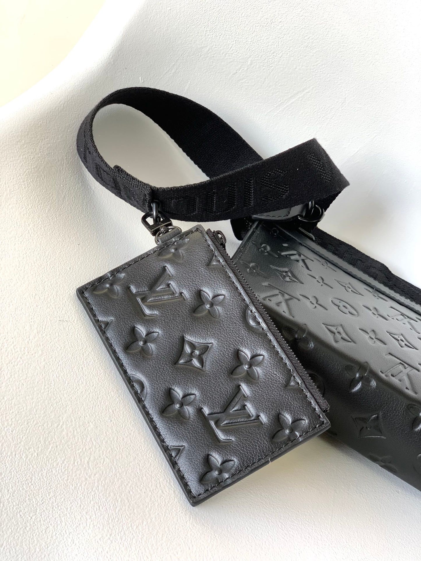 Louis Vuitton Black Embossed Leather Crossbody Messenger Bag with Detachable Pouch