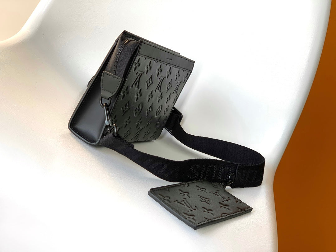 Louis Vuitton Black Embossed Leather Crossbody Messenger Bag with Detachable Pouch