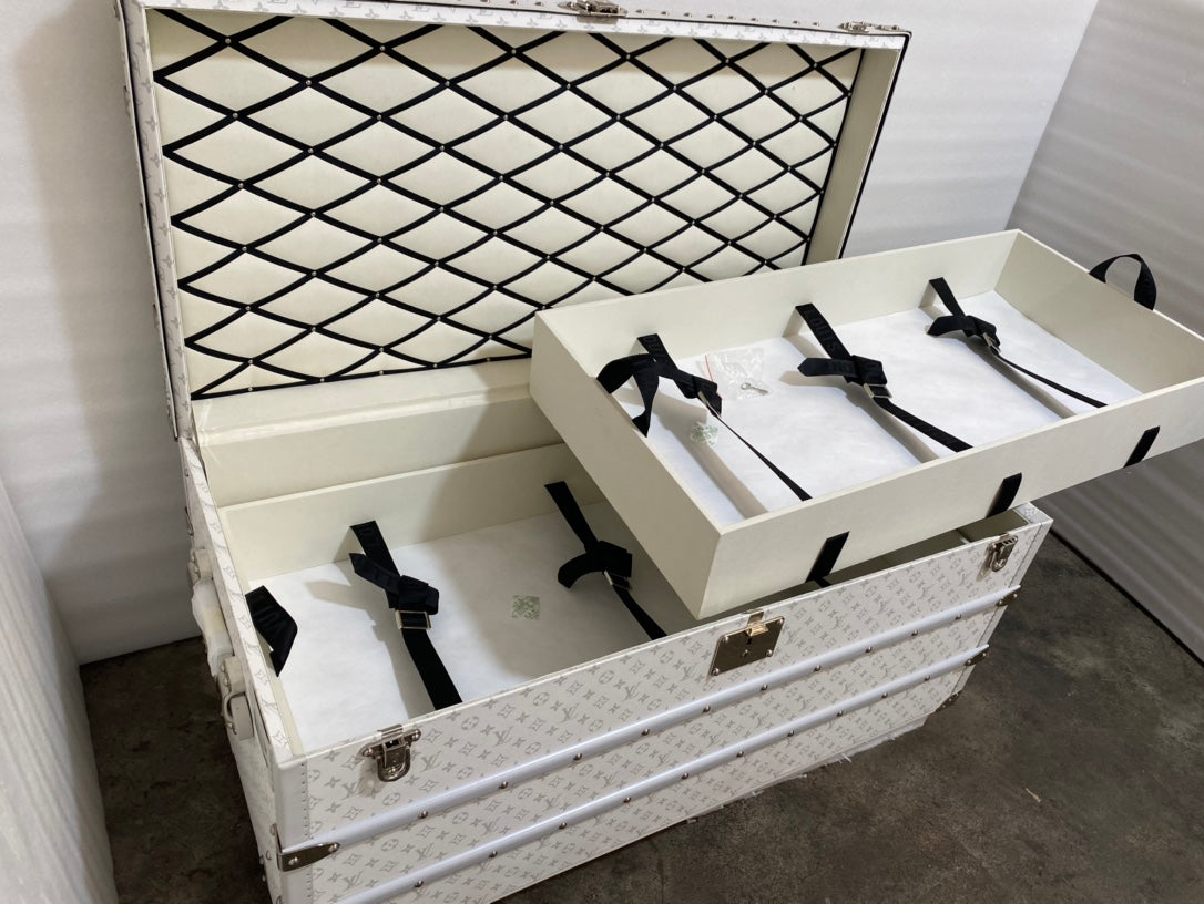 Vintage White Patterned Storage Trunk with Gold Hardware