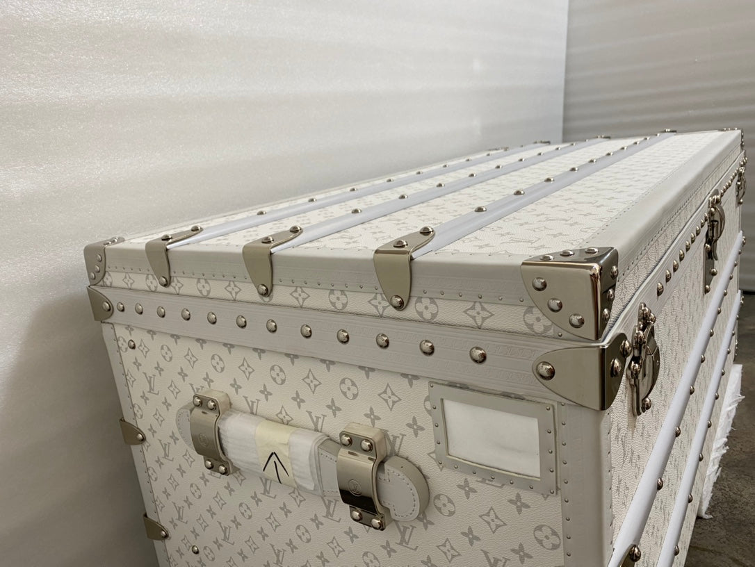 Vintage White Patterned Storage Trunk with Gold Hardware