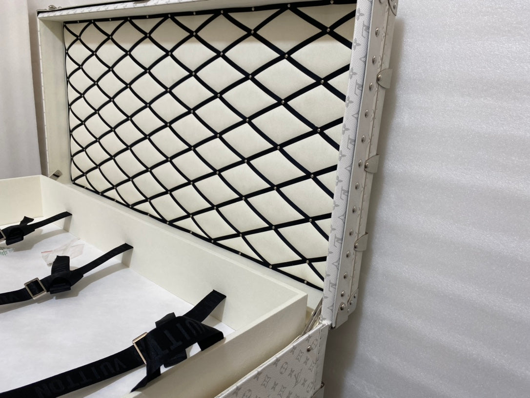 Vintage White Patterned Storage Trunk with Gold Hardware