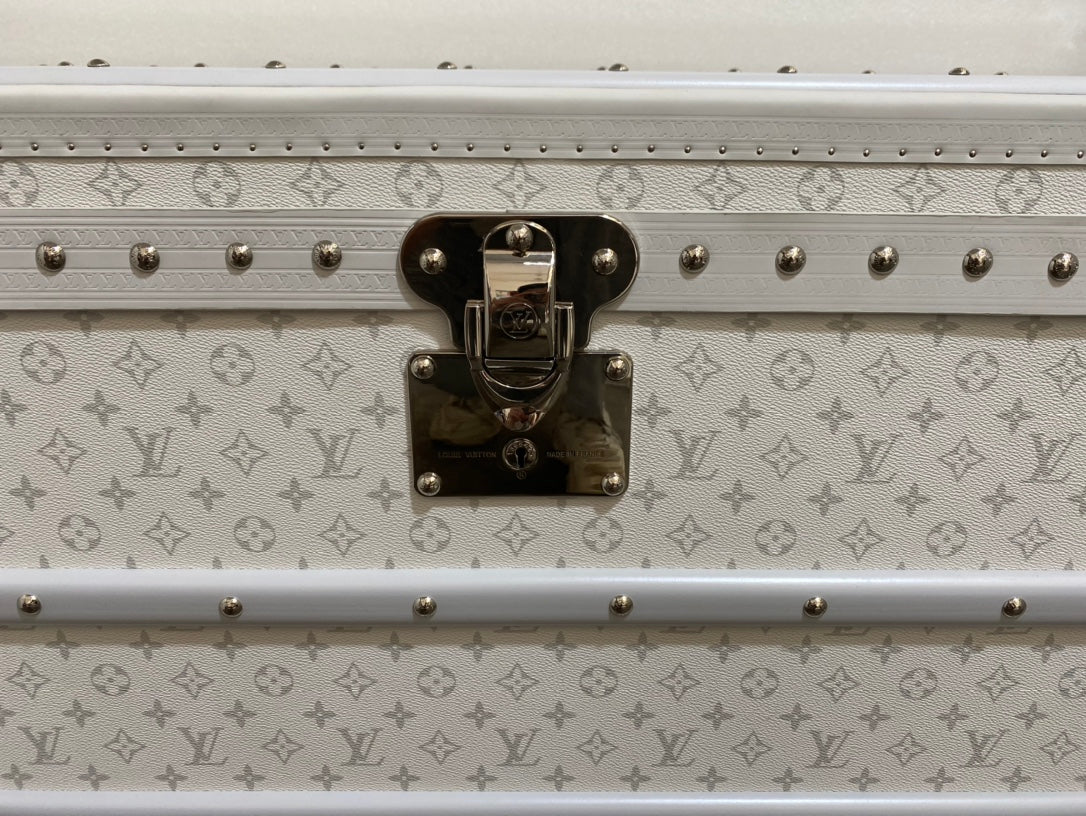 Vintage White Patterned Storage Trunk with Gold Hardware