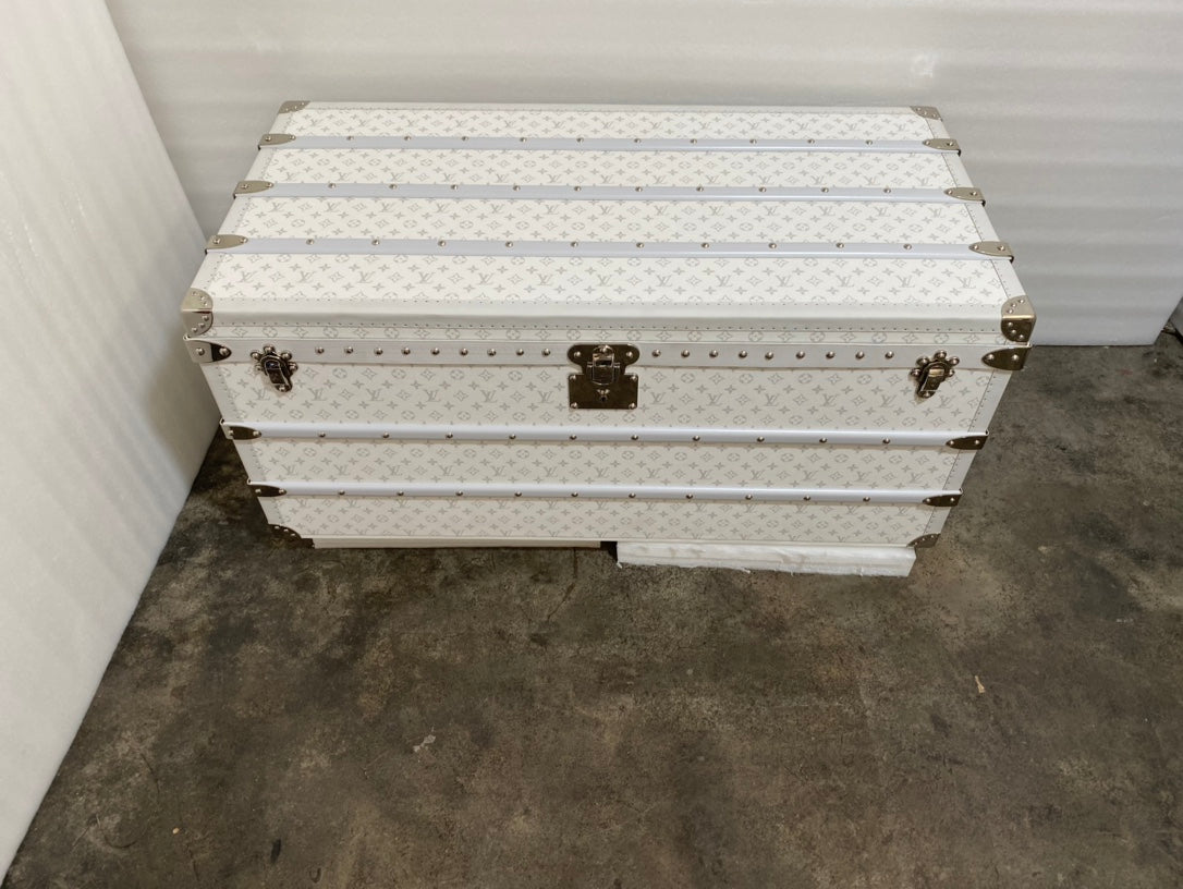 Vintage White Patterned Storage Trunk with Gold Hardware