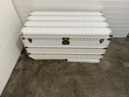 Vintage White Patterned Storage Trunk with Gold Hardware