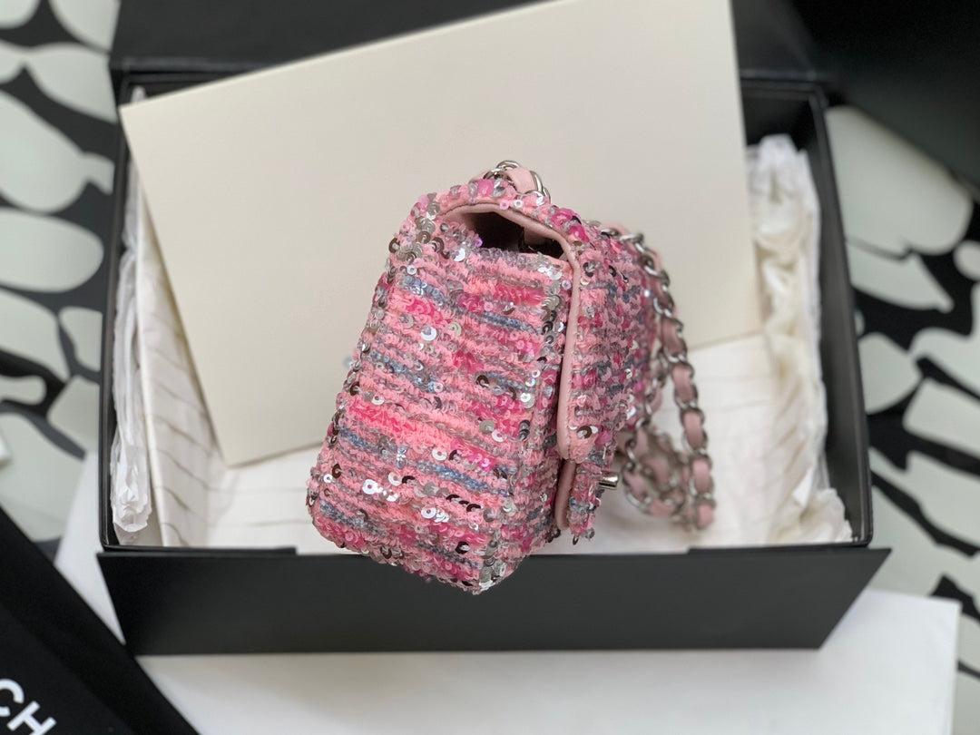 Chanel Pink Tweed Mini Flap Bag with Silver-Tone Hardware