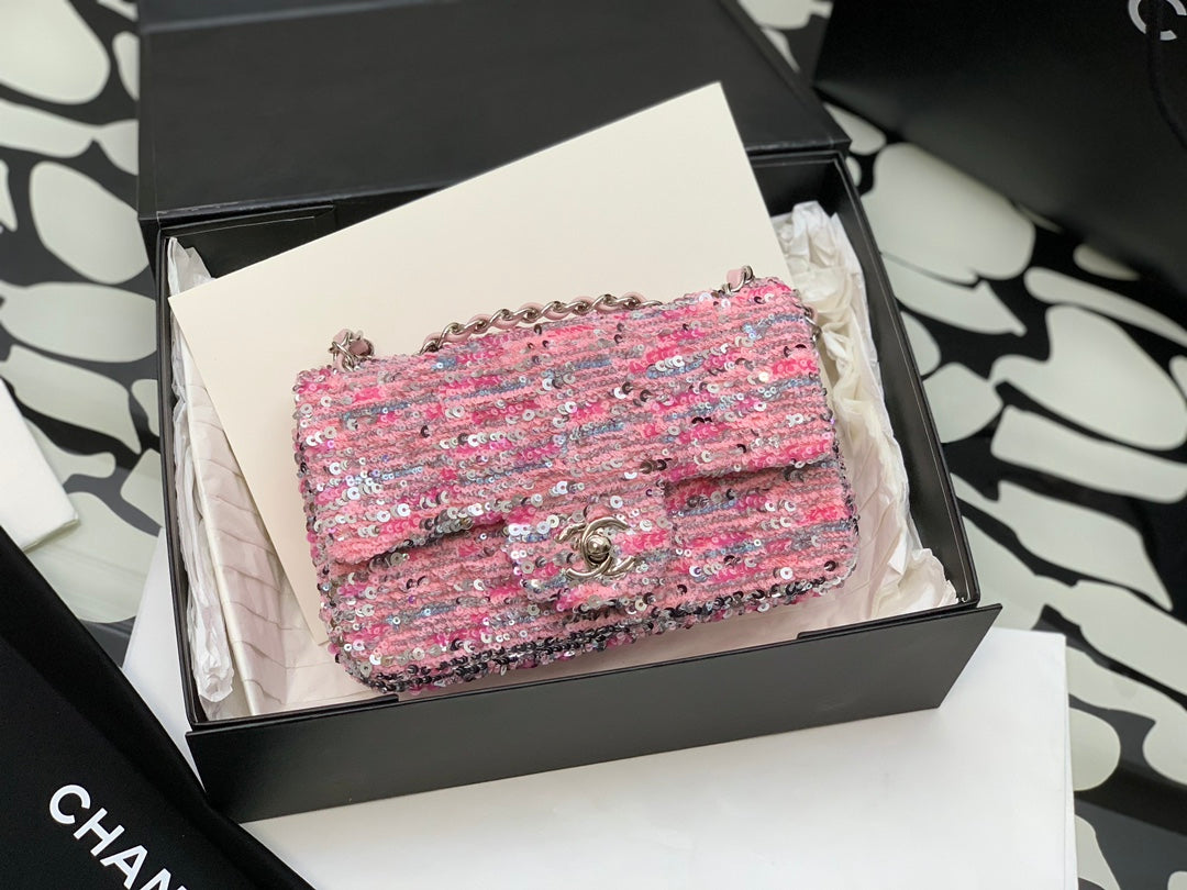 Chanel Pink Tweed Mini Flap Bag with Silver-Tone Hardware
