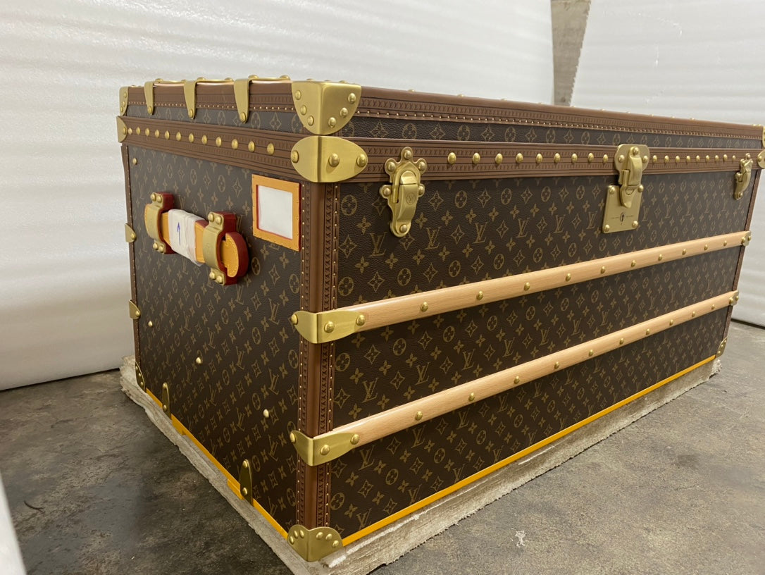Vintage Monogram Steamer Trunk with Wooden Slats and Brass Hardware