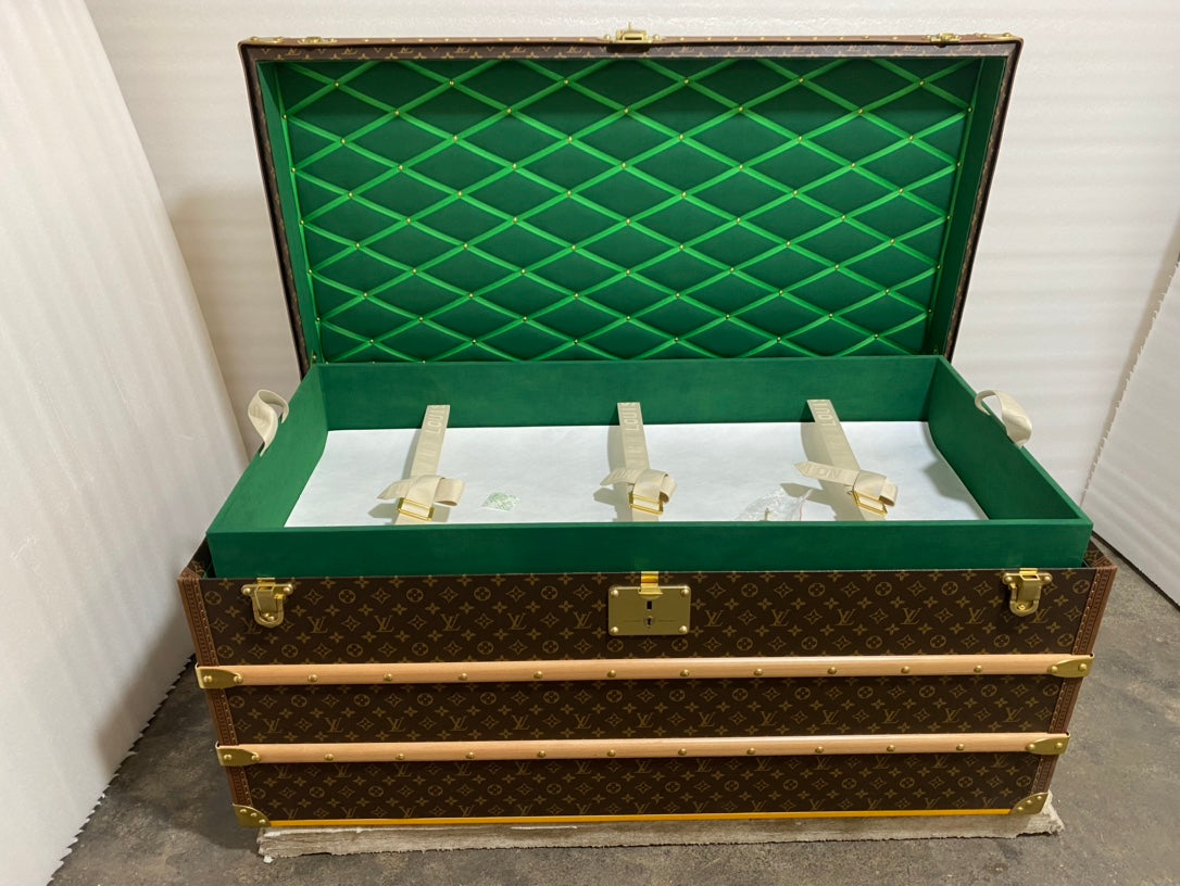Vintage Monogram Steamer Trunk with Wooden Slats and Brass Hardware