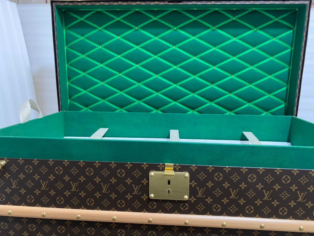 Vintage Monogram Steamer Trunk with Wooden Slats and Brass Hardware