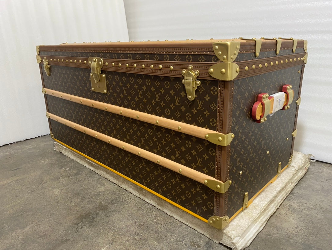 Vintage Monogram Steamer Trunk with Wooden Slats and Brass Hardware