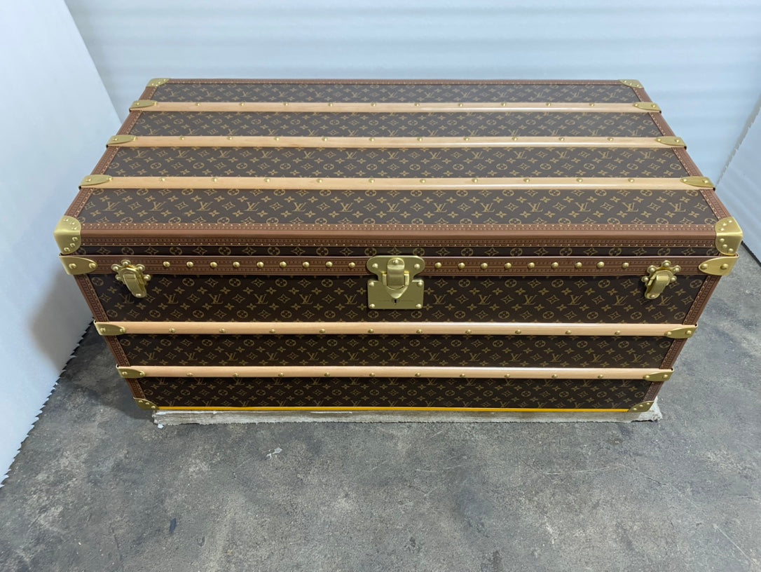 Vintage Monogram Steamer Trunk with Wooden Slats and Brass Hardware