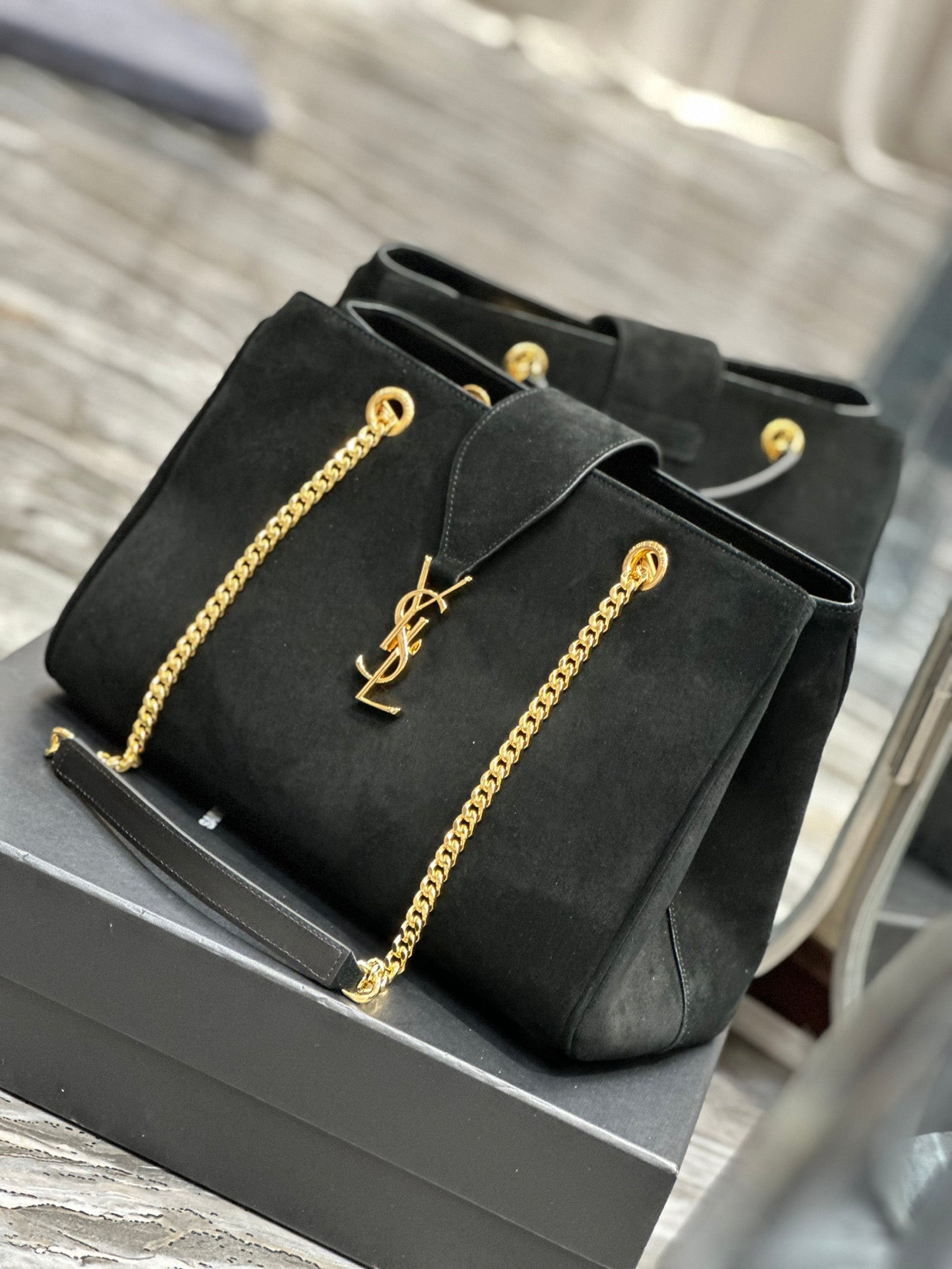 Saint Laurent YSL Monogram Black Suede Shoulder Bag with Gold Chain Hardware