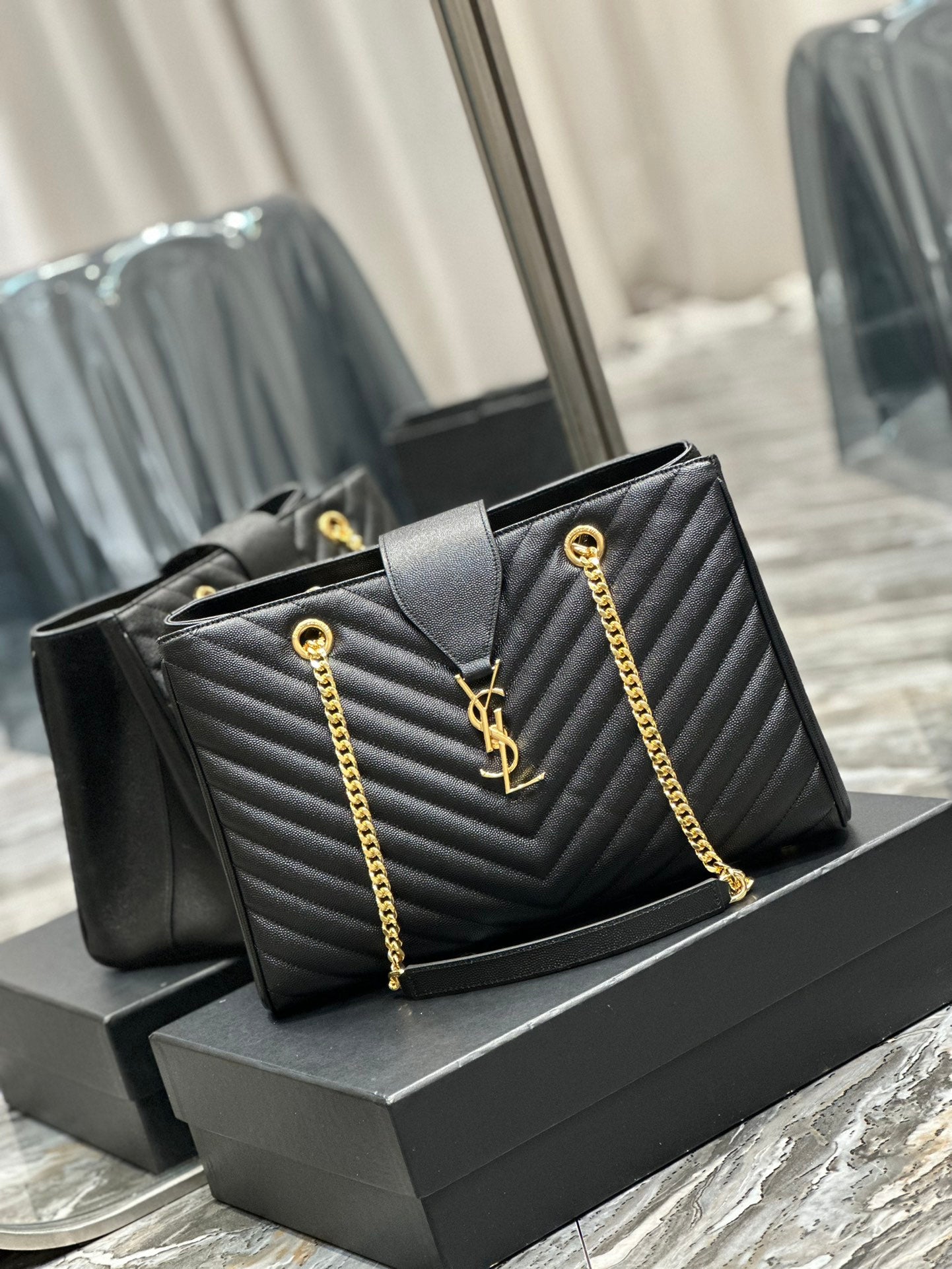 Saint Laurent (YSL) Monogram Quilted Leather Tote Bag - Black