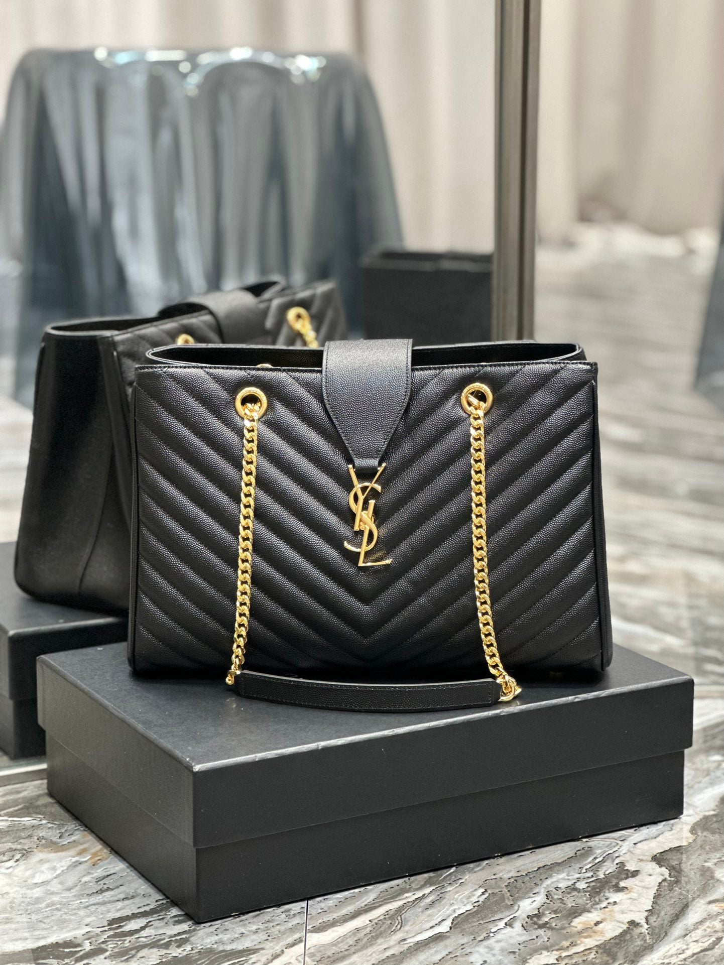 Saint Laurent (YSL) Monogram Quilted Leather Tote Bag - Black
