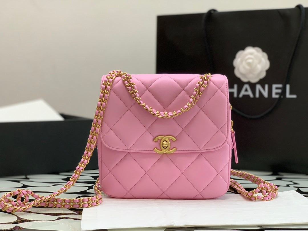 Chanel Pink Quilted Lambskin Mini Flap Bag with Gold-Tone Hardware