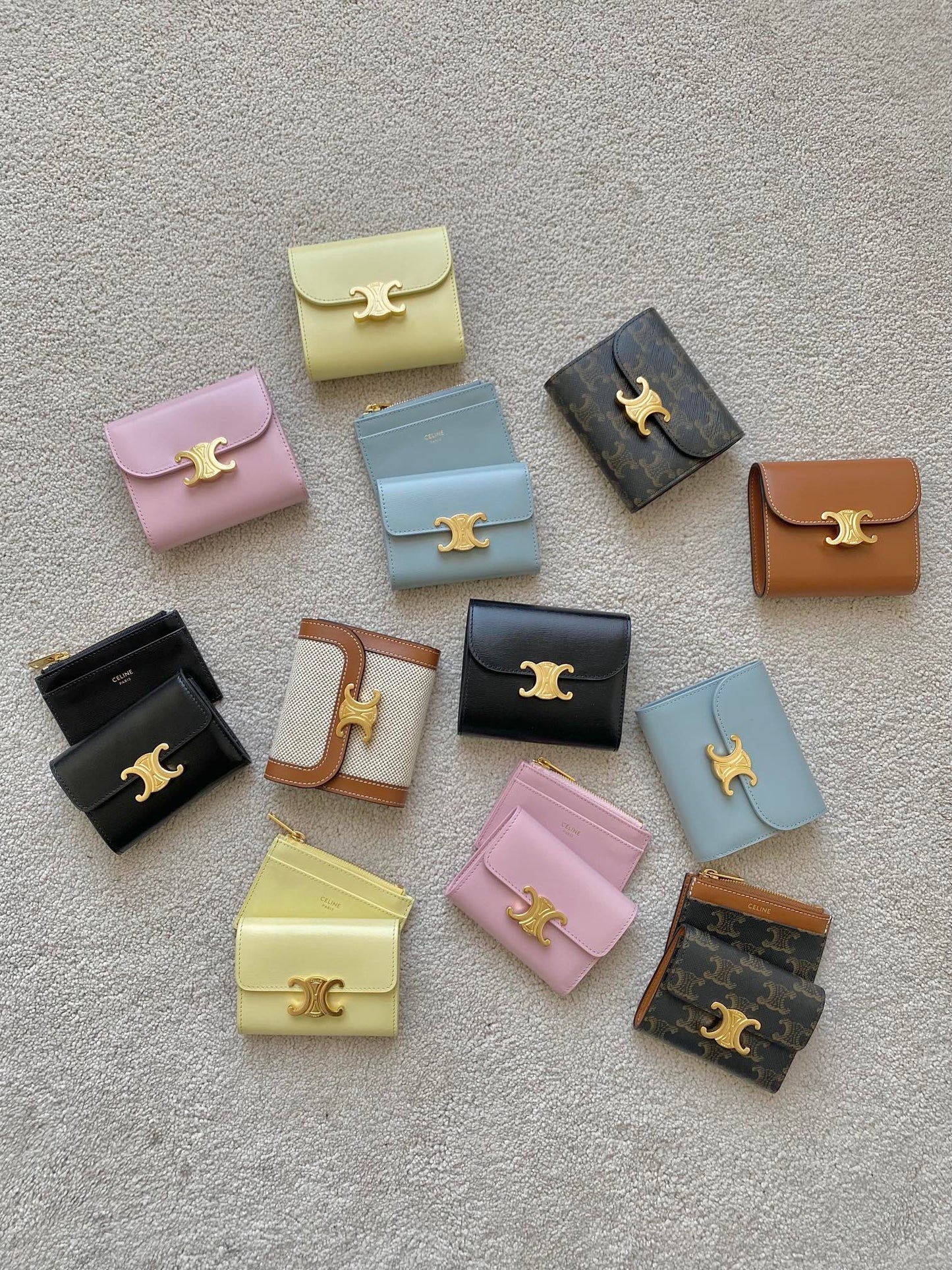 Celine Triomphe Small Compact Wallet in Shiny Calfskin and Textile