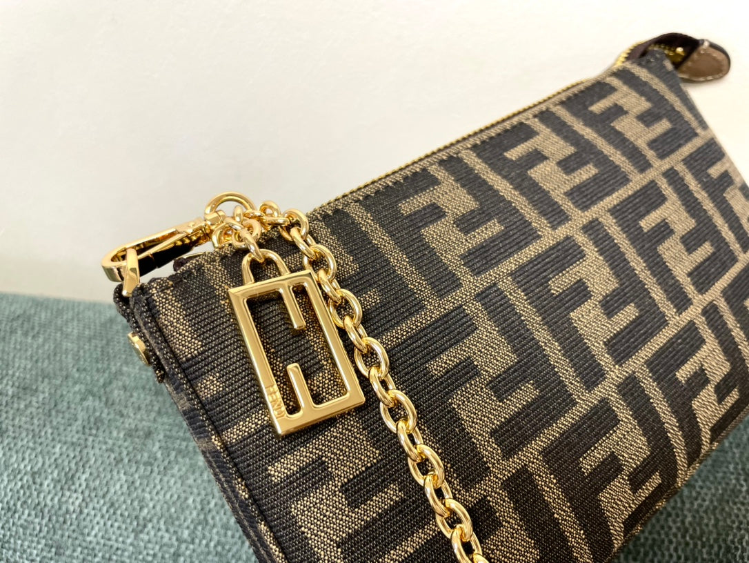 Fendi FF Monogram Canvas Mini Bag with Gold-Tone Chain and Charm