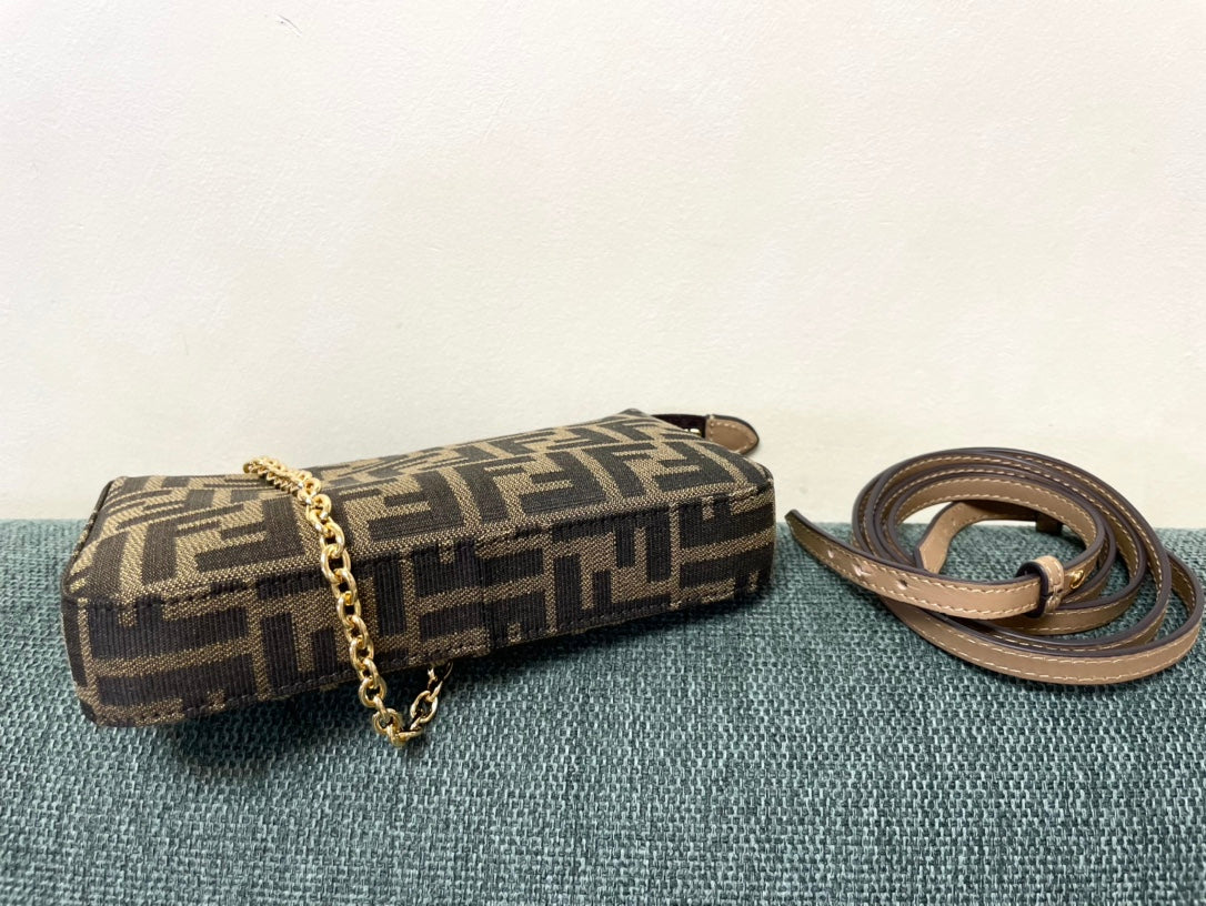 Fendi Zucca Monogram Brown Canvas Crossbody Bag with Gold Chain Strap