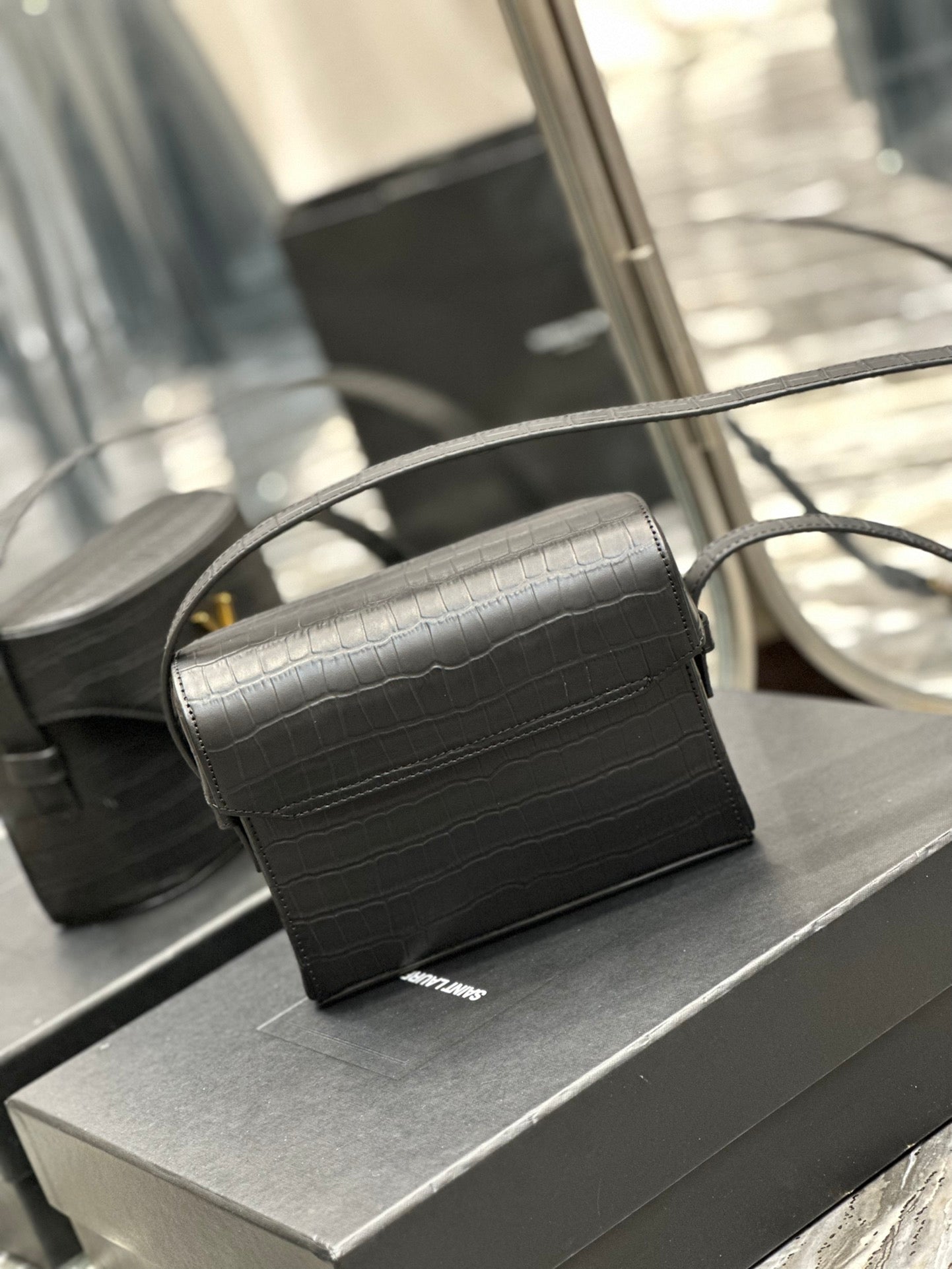 Saint Laurent YSL Small Kaia Crossbody Bag - Black Croc-Embossed Leather