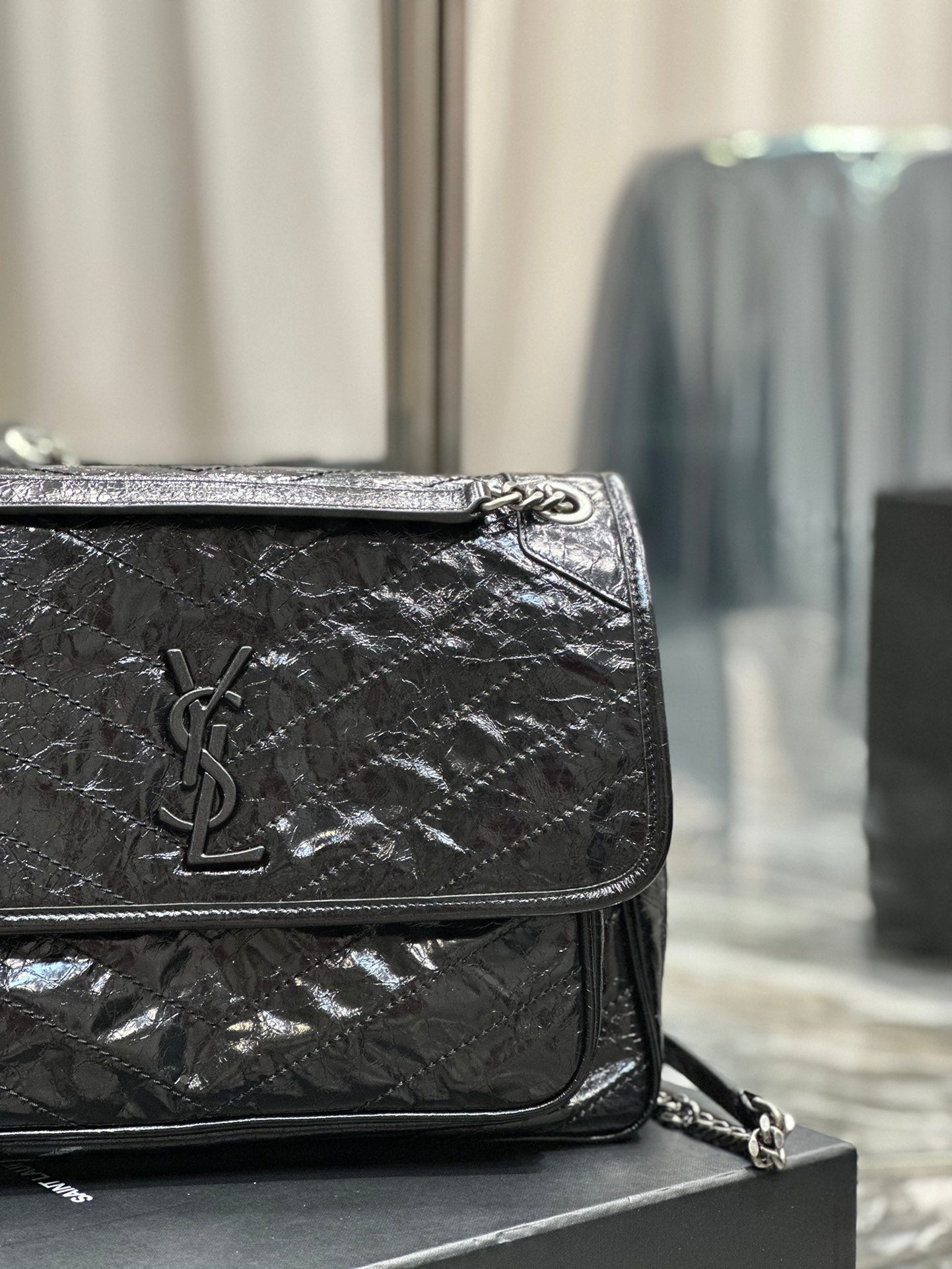 Saint Laurent Niki Medium Shoulder Bag in Black Crinkled Vintage Leather