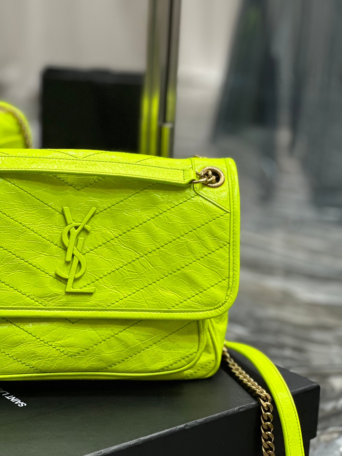 Saint Laurent Niki Medium Shoulder Bag in Neon Yellow Crinkled Leather