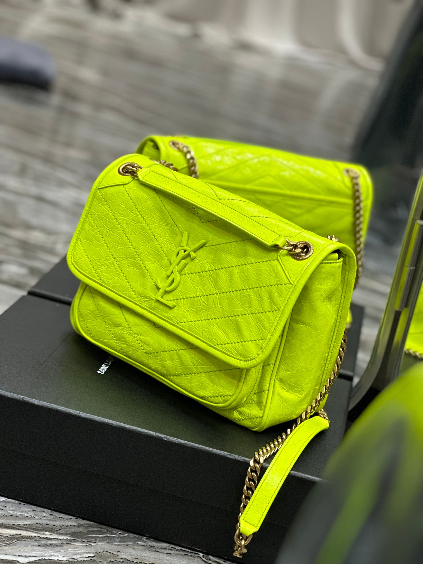 Saint Laurent Niki Medium Shoulder Bag in Neon Yellow Crinkled Leather
