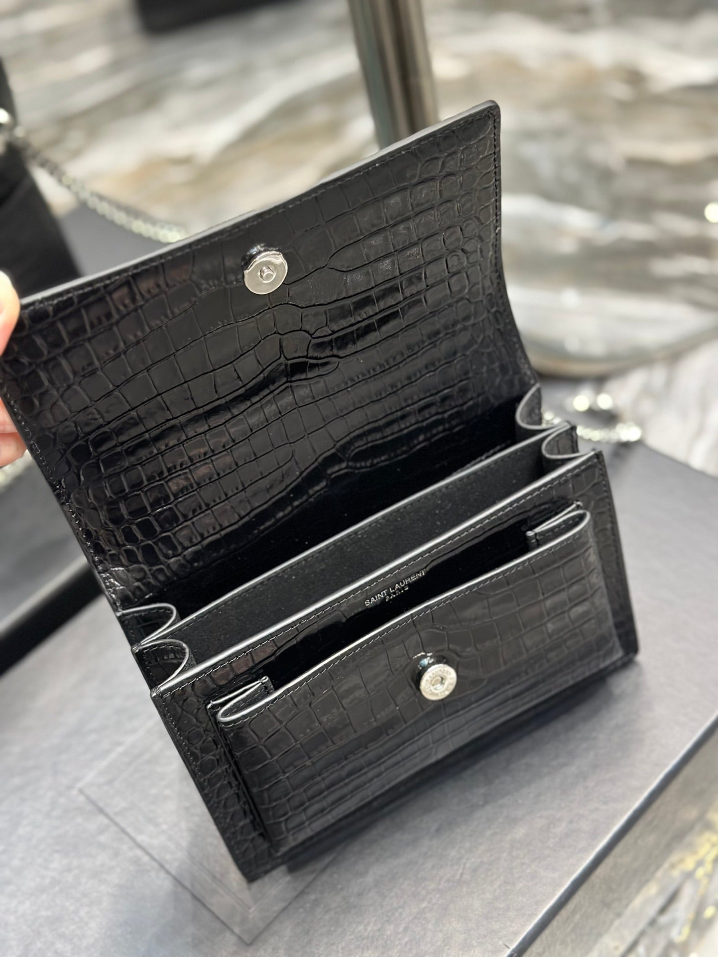 Saint Laurent Sunset Medium Chain Bag in Shiny Crocodile-Embossed Leather - Black