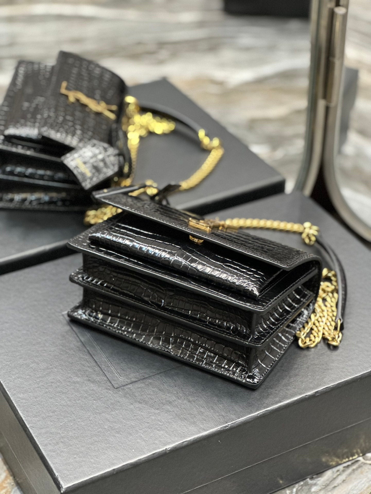 Saint Laurent Sunset Medium Shoulder Bag in Croc-Embossed Leather - Black