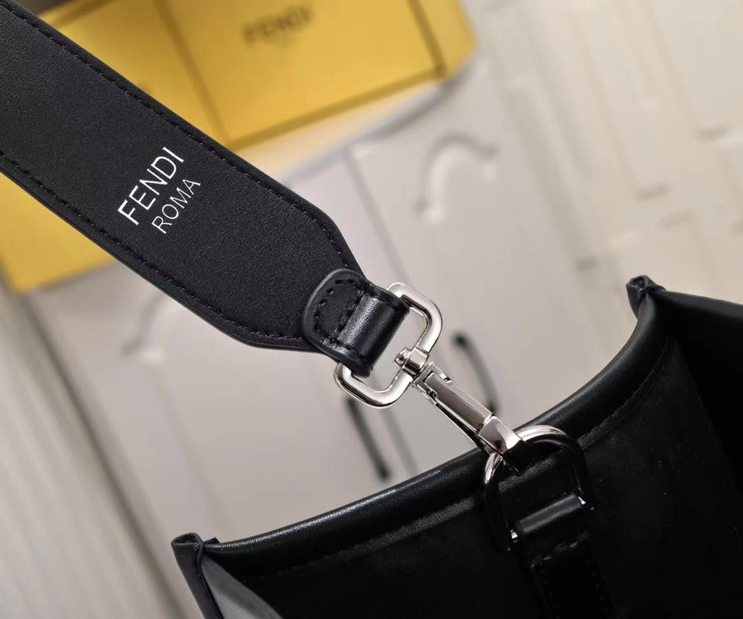 Fendi Sunshine Medium Shopper Tote Bag - Black Leather with White Logo