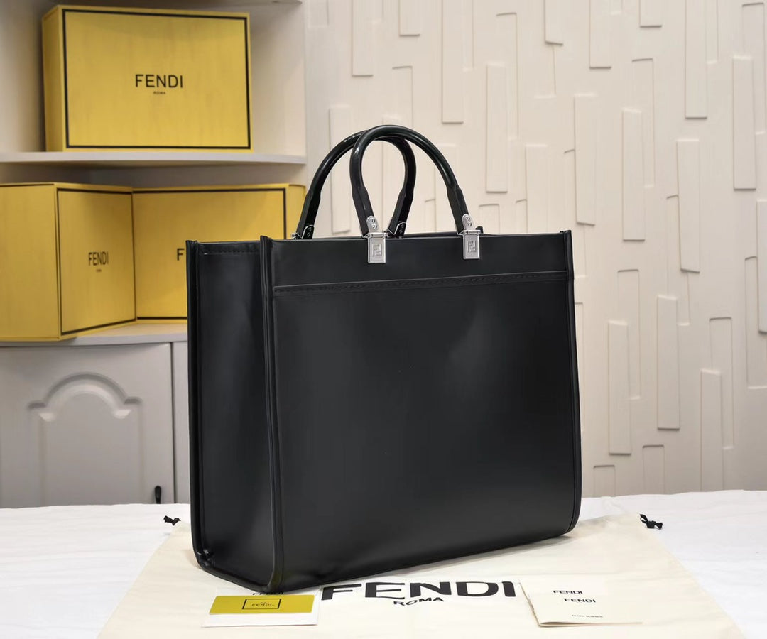 Fendi Sunshine Medium Black Leather Tote Bag