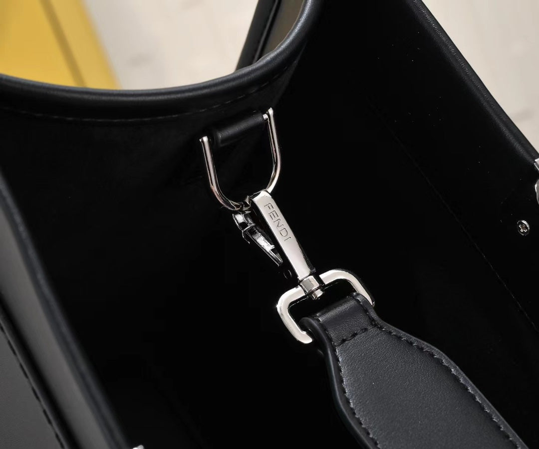 Fendi Sunshine Medium Shopper Tote Bag - Black Leather with White Logo
